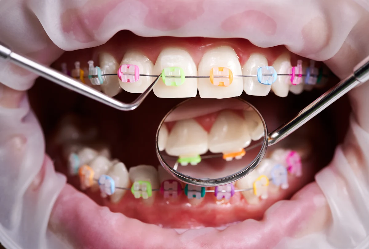 Une bouche avec des dents qui portent des bagues avec une pince et un miroir de dentiste