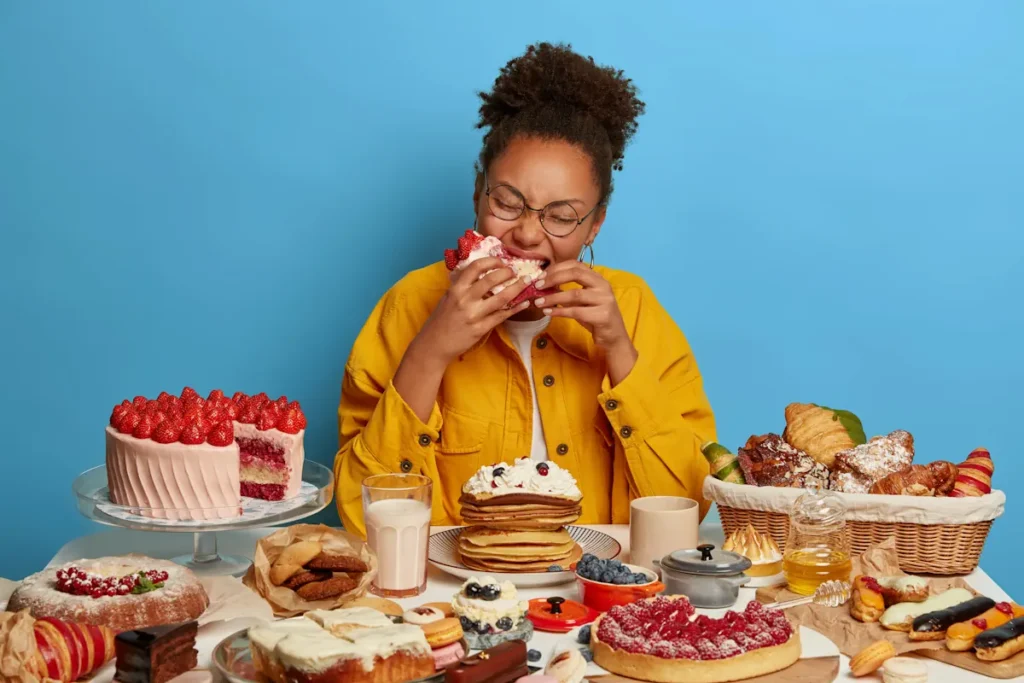 Une femme qui mange des pâtisseries devant une table où il y a plusieurs gourmandises disponibles