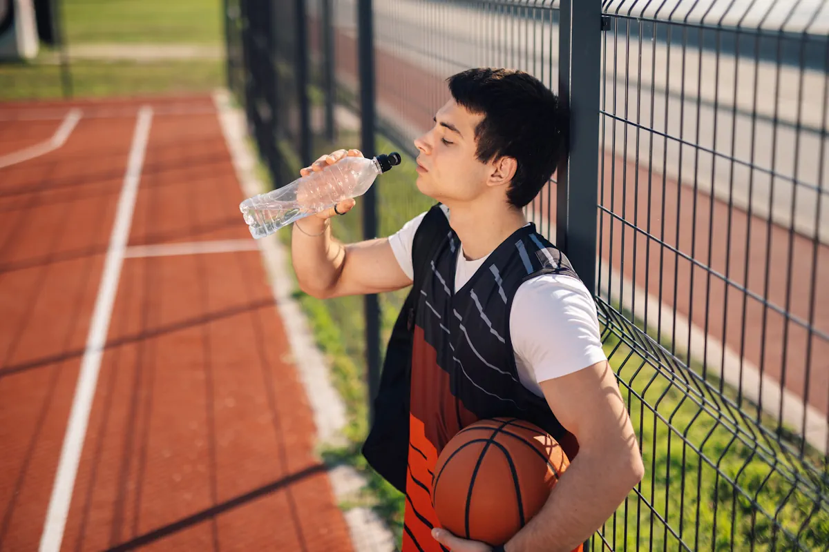 Un jeune homme qui boit de l'eau en tenant un ballon de basket