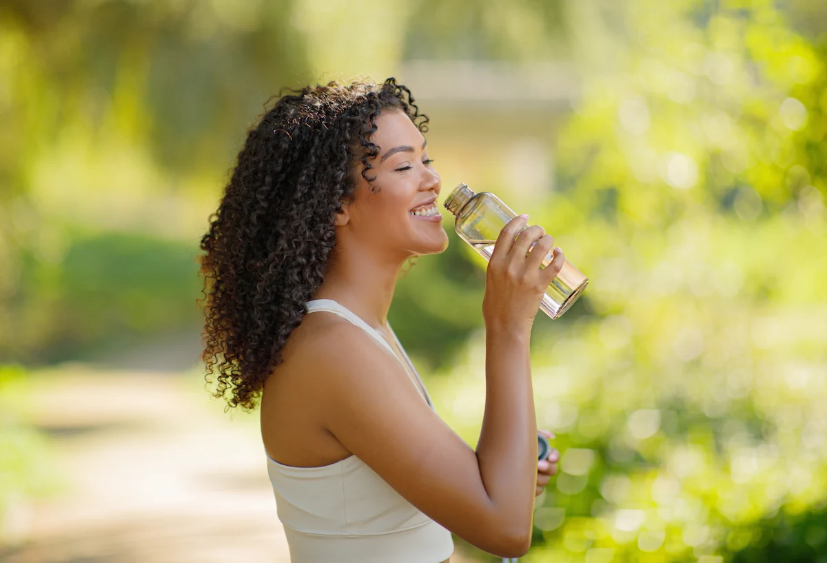 Une femme qui boit de l'eau en bouteille