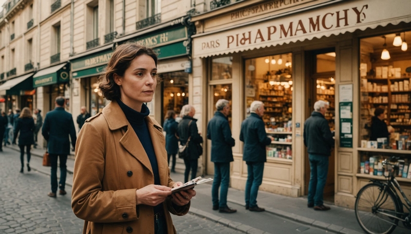 FEMME DEVANT UNE PHARMACIE
